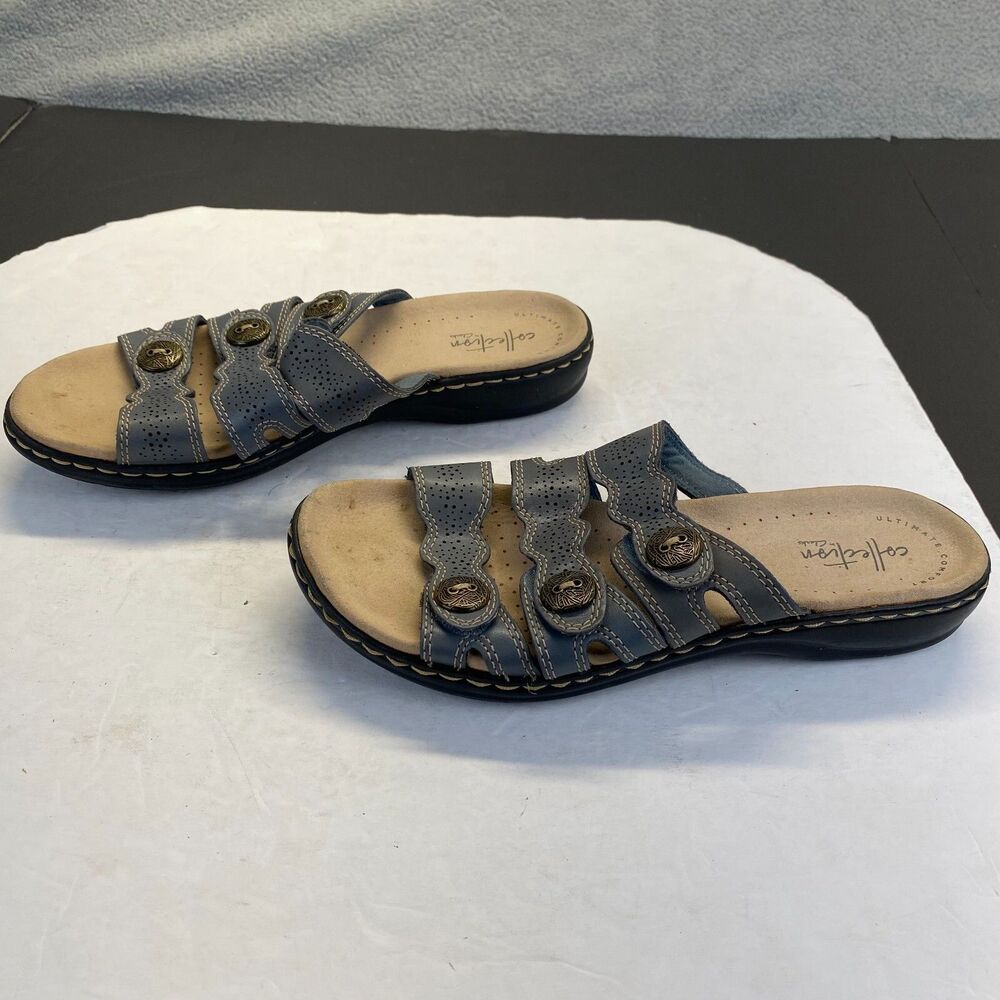 Clarks Collection Women's Sandals Blue Leather Slip On Size 8 M,Comfort,Casual
